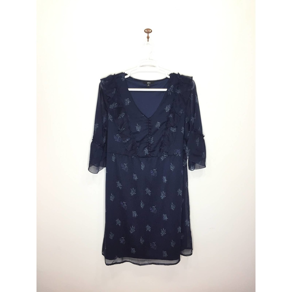 Ellos blue branch print button front sheer sleeve dress tie waist womens plus 20
